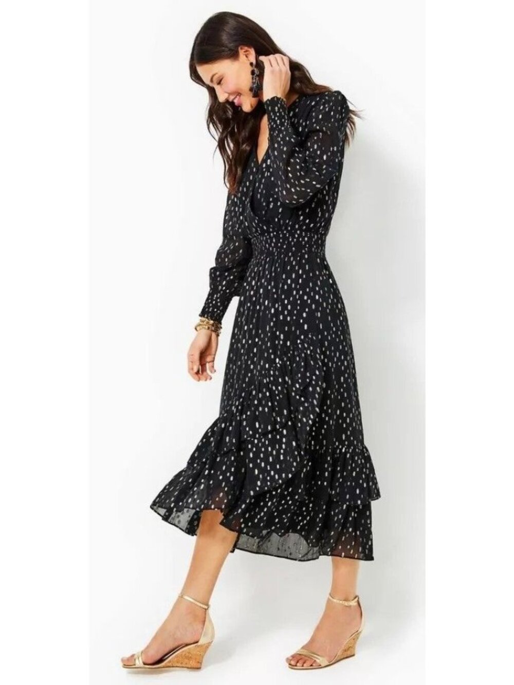 Lilly Pulitzer Cristiana Black Gold Dot Midi Dress Size 2 New With tag - Picture 2 of 8